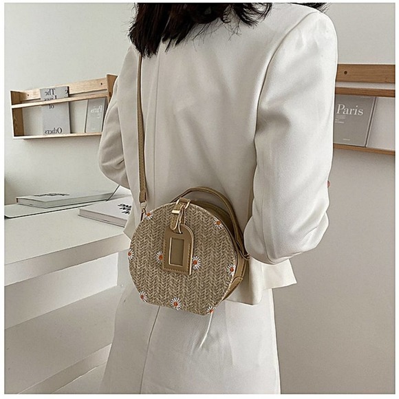 Daisy Flower Embroidered Round Straw Crossbody Bag in Khaki - Picture 5 of 9
